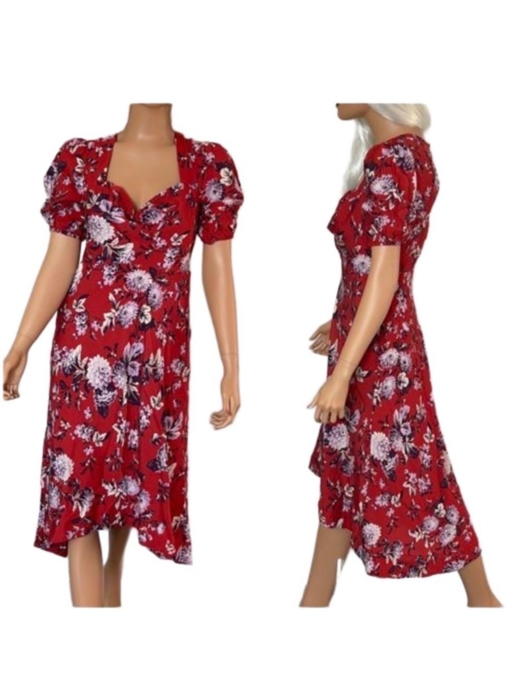 Maeve Anthropologie Red Floral Puff Sleeve Midi Dress 6P Petite High-Low - Picture 14 of 17